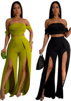 Women Strapless Top and Slit Wide Leg Pants Two-Piece Set