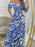 Summer Fashion Print Chic Off Shoulder High Waist Hollow Ruffle Maxi Dress