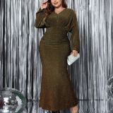 Plus Size Women V-neck long-sleeved fishtail evening dress