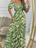 Summer Fashion Print Chic Off Shoulder High Waist Hollow Ruffle Maxi Dress