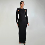 Autumn Sexy Tight Fitting Hollow Beaded Long Sleeve Patchwork Dress