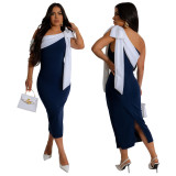 Women Off Shoulder Tie Solid Slit Sleeveless Dress