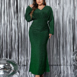 Plus Size Women V-neck long-sleeved fishtail evening dress