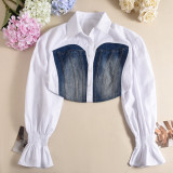 Women's Autumn Denim Patchwork Crop Bell Bottom Sleeve Women's Shirt