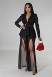 Fashionable Sexy Solid Color Long Sleeve Slim Waist Lace-Up Blazer Slit Pants Two-Piece Set