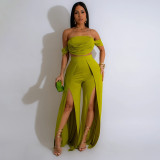 Women Strapless Top and Slit Wide Leg Pants Two-Piece Set