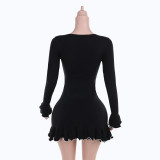 Autumn Chic Ruffled A-Line Long Sleeve Women Knitting Dress