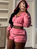 Women Zippered Hooded Long Sleeve Top and Shorts Two-piece suit