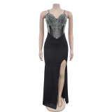 Fashionable Women's Strap V-Neck Beaded Slit Long Dress