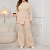 Plus Size Women long-sleeved high-neck slit top and pants two-piece set