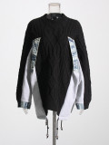 Spring Fashion Contrast Color Patchwork Pullover Drawstring Sweater Knitting Shirt