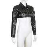 Street Fashion Pu Leather Patchwork Zipper Turndown Collar Crop Jacket