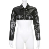 Street Fashion Pu Leather Patchwork Zipper Turndown Collar Crop Jacket