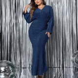 Plus Size Women V-neck long-sleeved fishtail evening dress