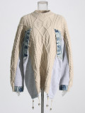 Spring Fashion Contrast Color Patchwork Pullover Drawstring Sweater Knitting Shirt