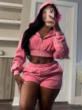 Women Zippered Hooded Long Sleeve Top and Shorts Two-piece suit