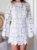 Fashionable Women's Lace Flower Round Neck Long-Sleeved Dress