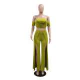 Women Strapless Top and Slit Wide Leg Pants Two-Piece Set