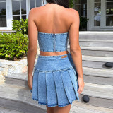 Summer Strapless Denim Suit Sexy Strapless Crop Vest High Waist Split Pleated Skirt Two Piece Set