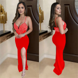 Fashionable Women's Strap V-Neck Beaded Slit Long Dress