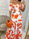 Summer Fashion Print Chic Off Shoulder High Waist Hollow Ruffle Maxi Dress