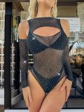 Sexy Hollow Rhinestone Fishnet Sexy Lingerie Female Nightclub Tight Fitting Bodysuit