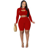 Women solid sports vest long sleeve set and shorts three-piece suit