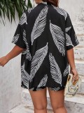 Women Printed Cardigan Top and Lace-Up Shorts Two-Piece Set