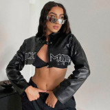 Street Fashion Pu Leather Patchwork Zipper Turndown Collar Crop Jacket