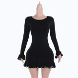 Autumn Chic Ruffled A-Line Long Sleeve Women Knitting Dress