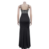 Fashionable Women's Strap V-Neck Beaded Slit Long Dress