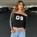 Women casual American sports print striped contrast Off Shoulder long sleeve Crop T-shirt