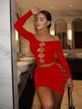 Women Sexy Off Shoulder Pearl Button Long Sleeve Top and Skirt Two-Piece Set