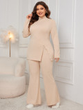 Plus Size Women long-sleeved high-neck slit top and pants two-piece set