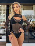 Sexy Hollow Rhinestone Fishnet Sexy Lingerie Female Nightclub Tight Fitting Bodysuit