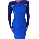 Autumn Sexy Tight Fitting Hollow Beaded Long Sleeve Patchwork Dress