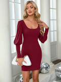 Autumn and winter Women Round Neck lantern sleeve Dress