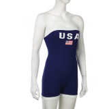 Women American sports letter print contrast Strapless Casual Romper