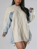 Spring Fashion Contrast Color Patchwork Pullover Drawstring Sweater Knitting Shirt