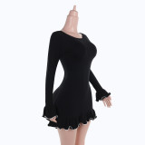 Autumn Chic Ruffled A-Line Long Sleeve Women Knitting Dress