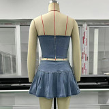 Summer Strapless Denim Suit Sexy Strapless Crop Vest High Waist Split Pleated Skirt Two Piece Set