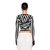 Autumn Women hooded v-neck striped contrast long sleeve Crop Top