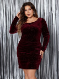 Plus Size Women off-shoulder solid sequin sexy dress