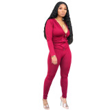 Women Solid Zipper Hood Top and Pant Two Piece Set