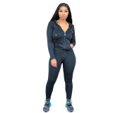 Women Solid Zipper Hood Top and Pant Two Piece Set