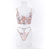 Women summer sexy bra mesh fishbone embroidery sexy lingerie two-piece set