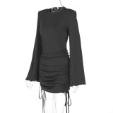 Women Autumn Bell Bottom Sleeve Round Neck Drawstring Bodycon Dress