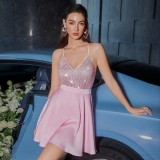 Women summer sequin patchwork sexy suspenders Backless party Dress