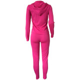 Women Solid Zipper Hood Top and Pant Two Piece Set