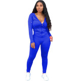 Women Solid Zipper Hood Top and Pant Two Piece Set